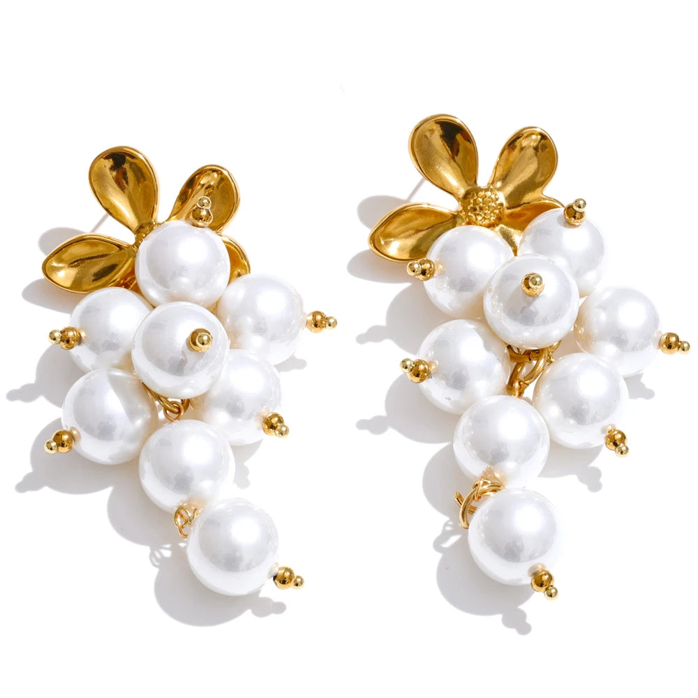 Gold flower drop earrings with simulated pearl clusters