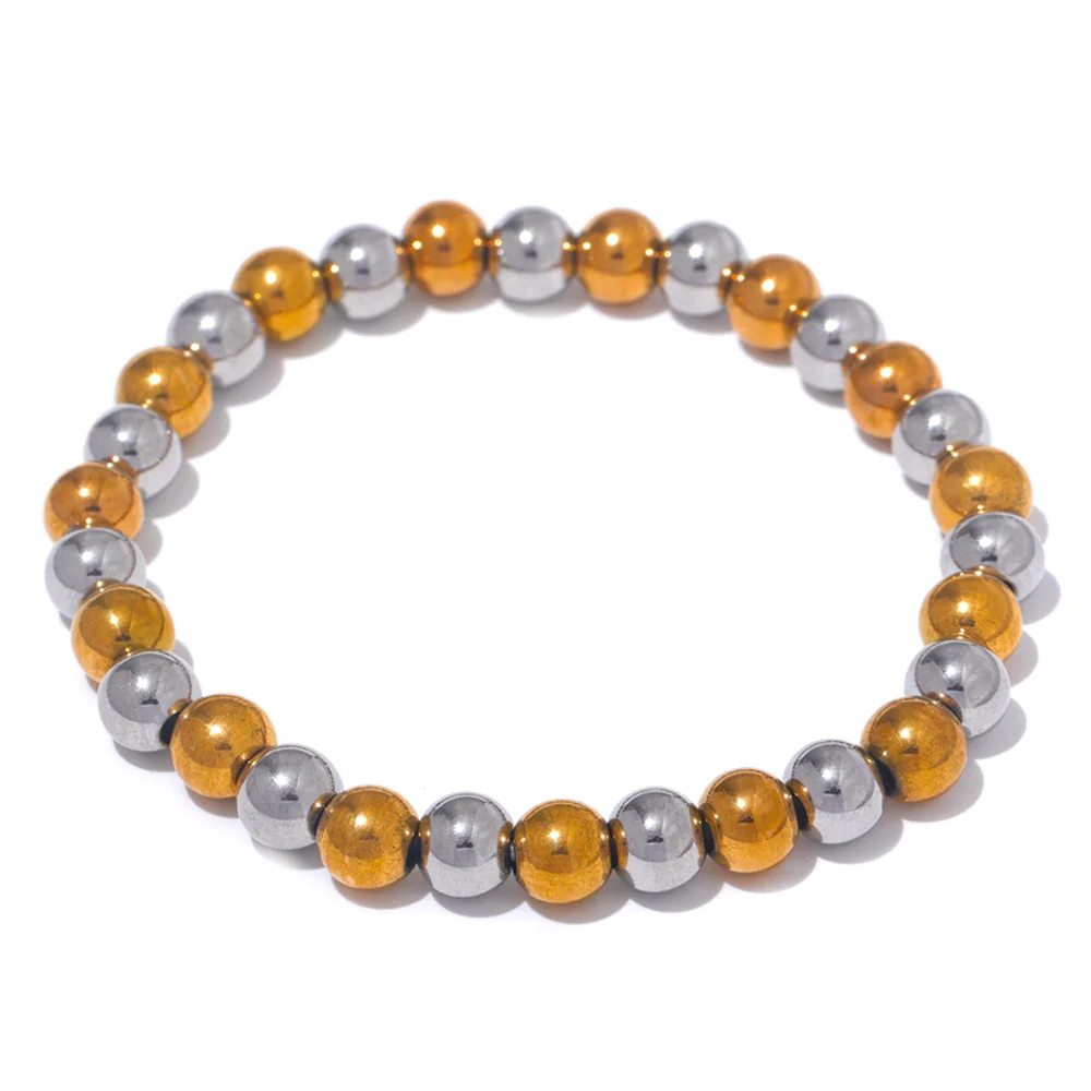 6mm two-tone beaded stainless steel stretch bracelet