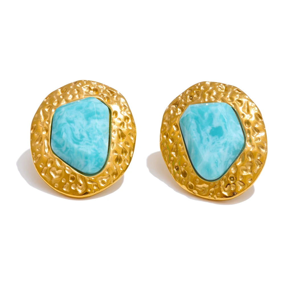 Lottie amazonite stud earrings in hammered gold, front packshot