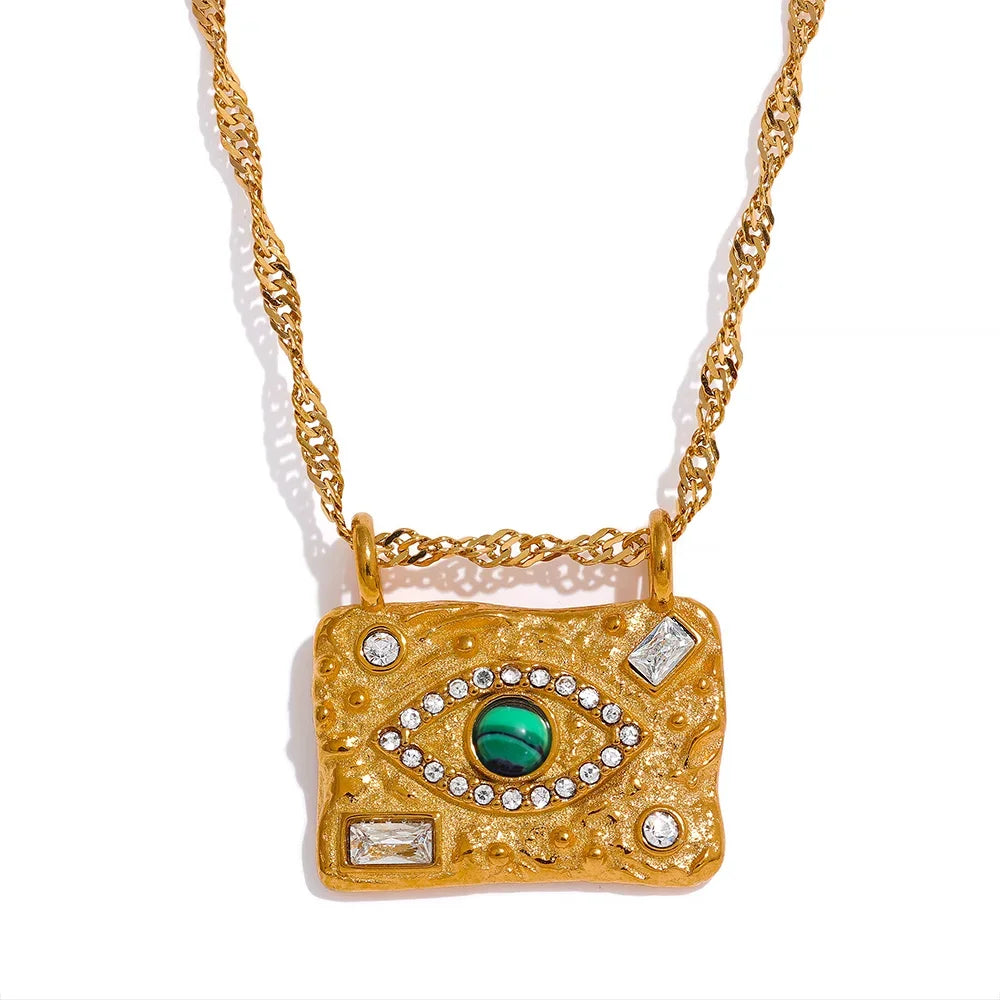 Sage Stone Pendant Necklace in gold with a green stone eye plaque