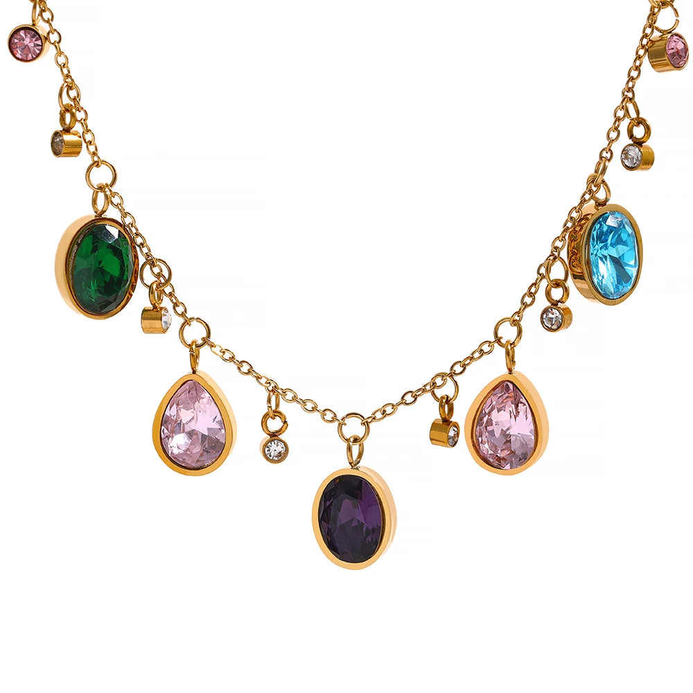 Fern Zirconia Necklace gold-plated chain with green, purple, blue and pink stones