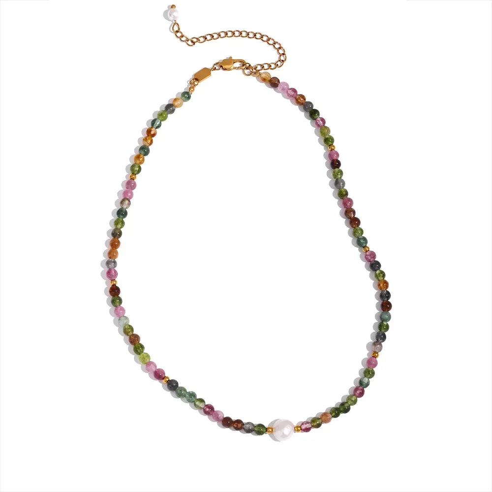 Full Mesa tourmaline bead necklace with gold-tone clasp and extender chain