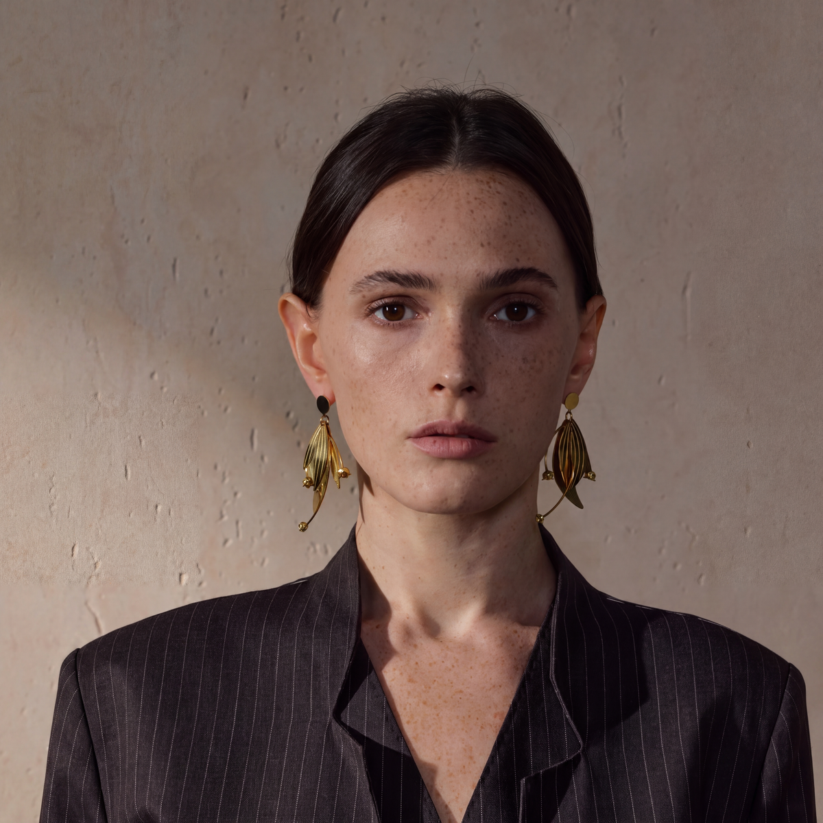 Annie Petal Drop Earrings worn, front portrait