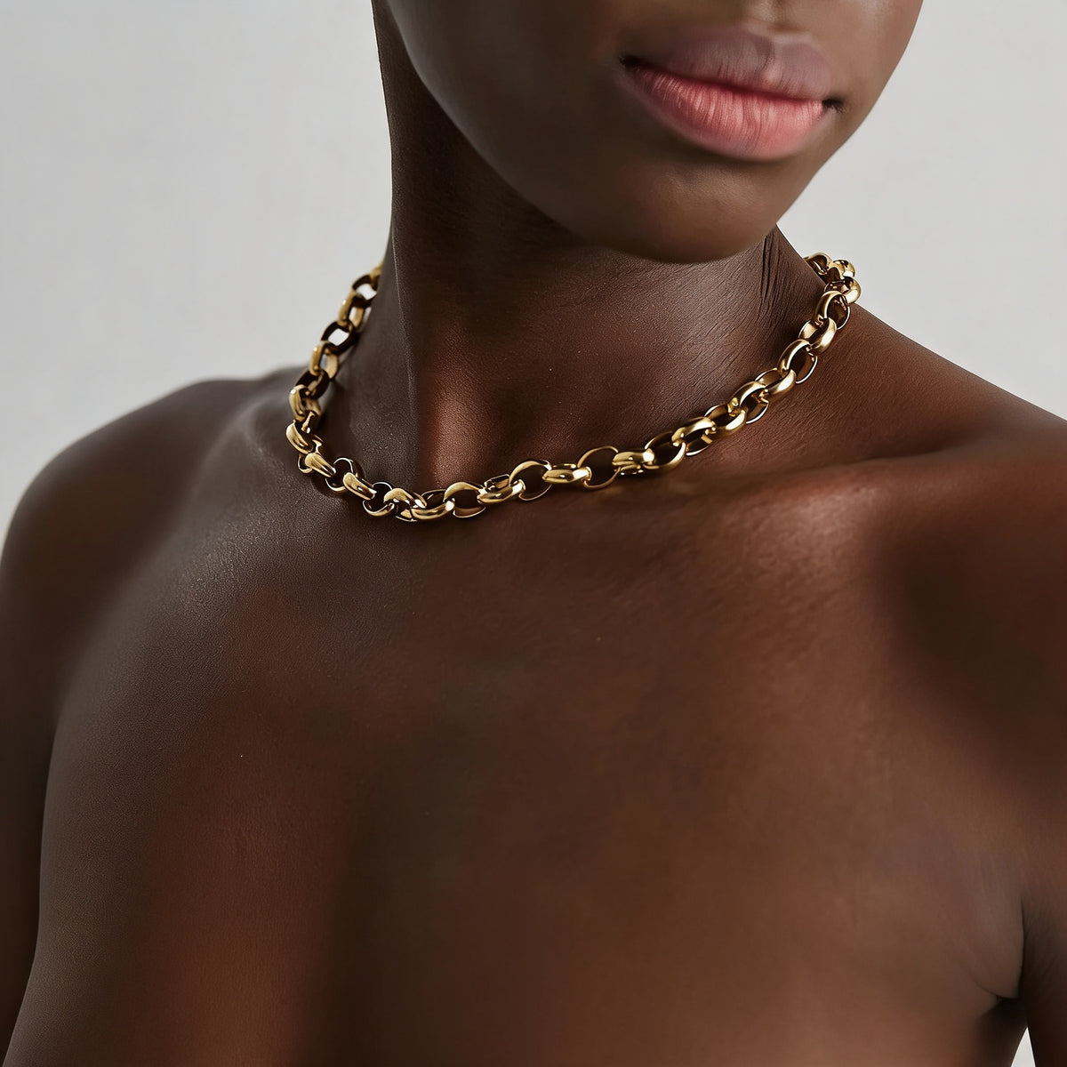 Canyon Textured Collar Necklace in warm gold-plated stainless steel worn, front view