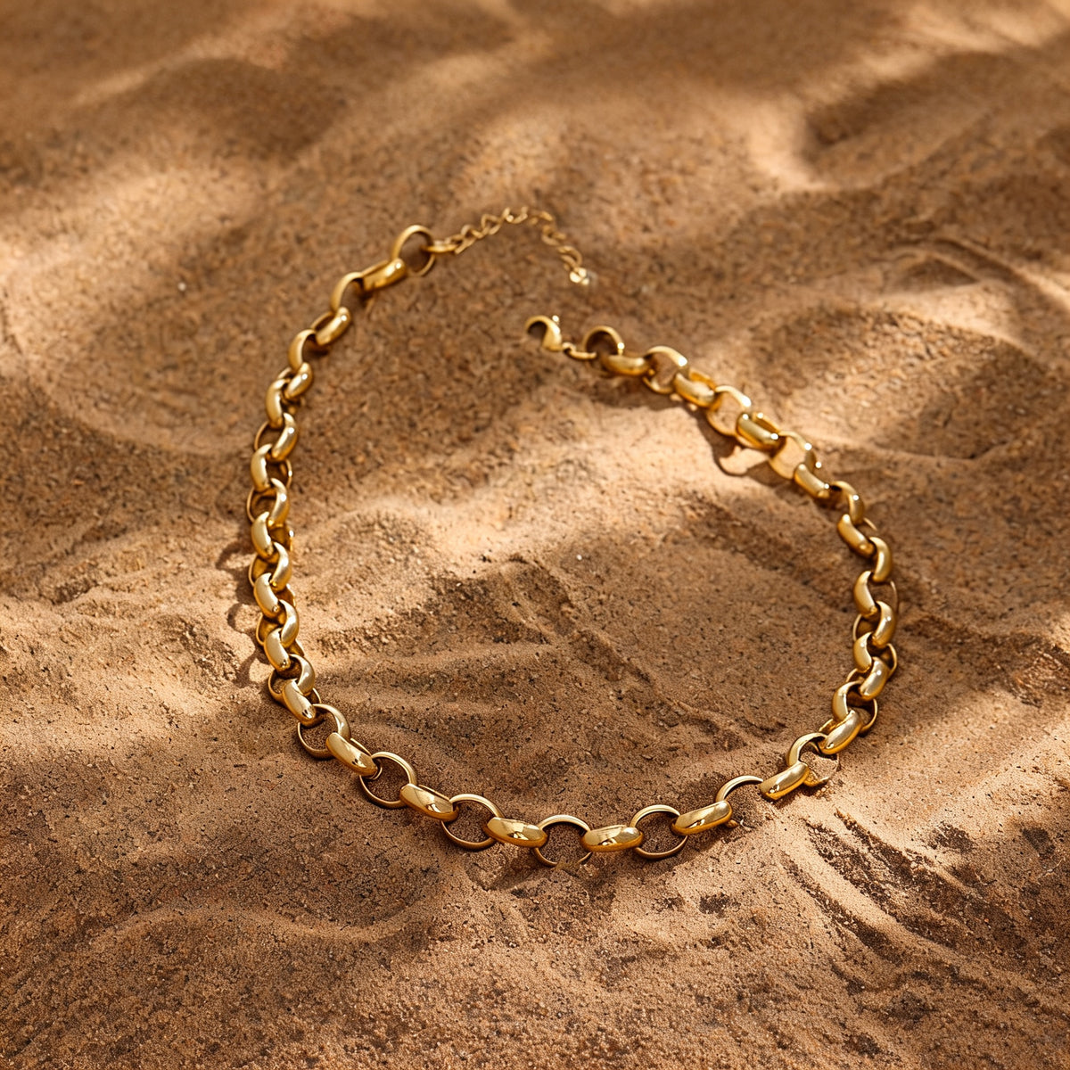 Canyon Textured Collar Necklace in warm gold-plated stainless steel full length with extender chain