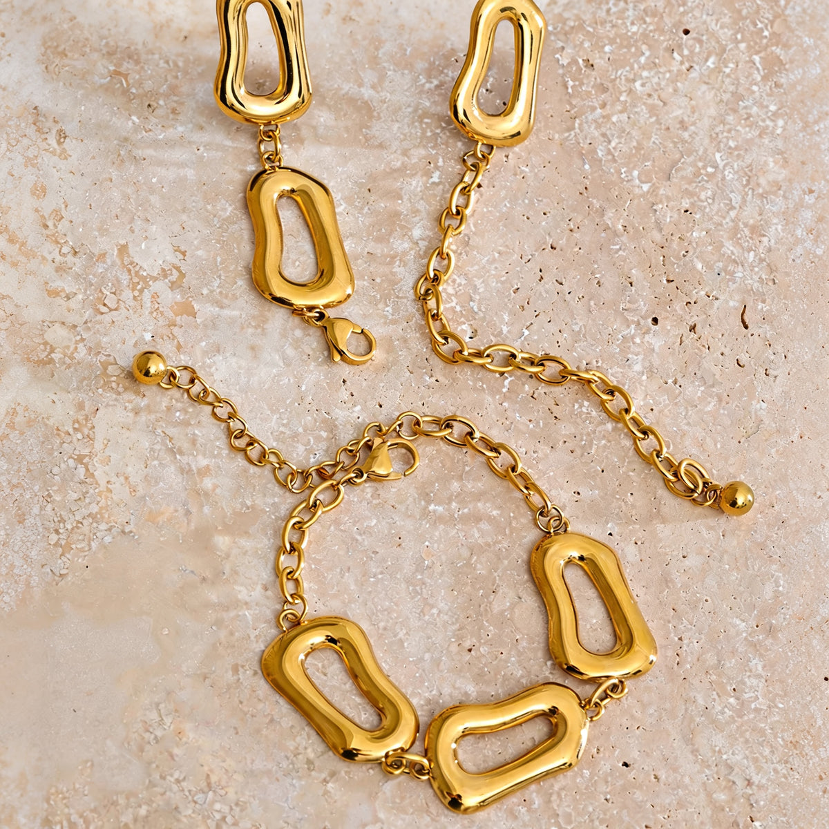 Harlow gold rectangle link necklace and bracelet styled together