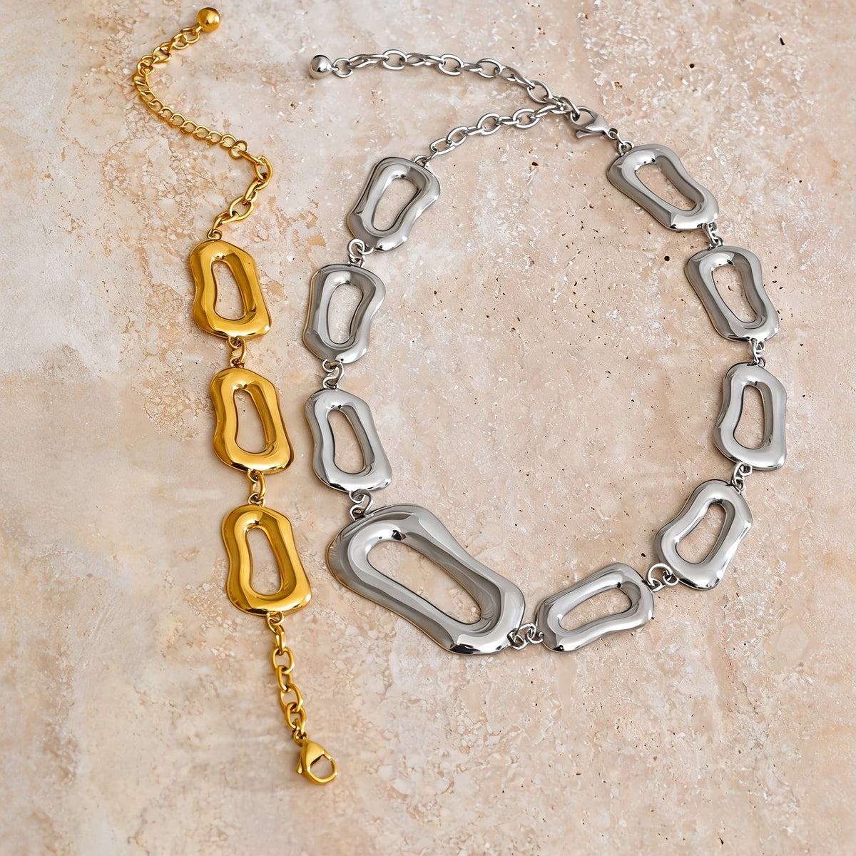 Harlow chain link set in gold and silver side by side