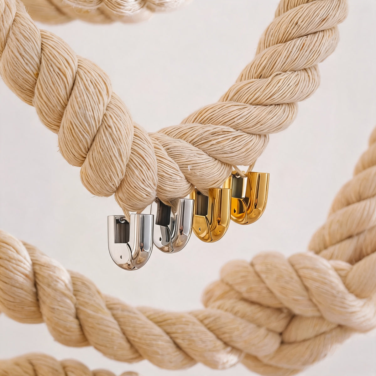 Two pairs of Piper hollow hoop earrings, silver and gold, hung from a cream rope