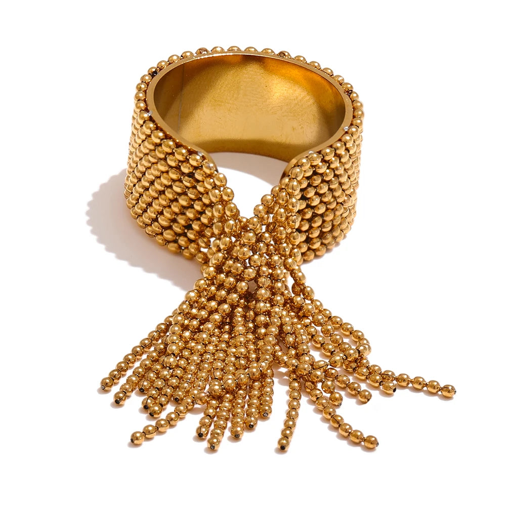 Gold beaded chain tassel ring