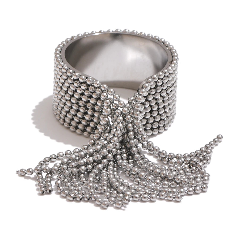 Silver beaded chain tassel ring