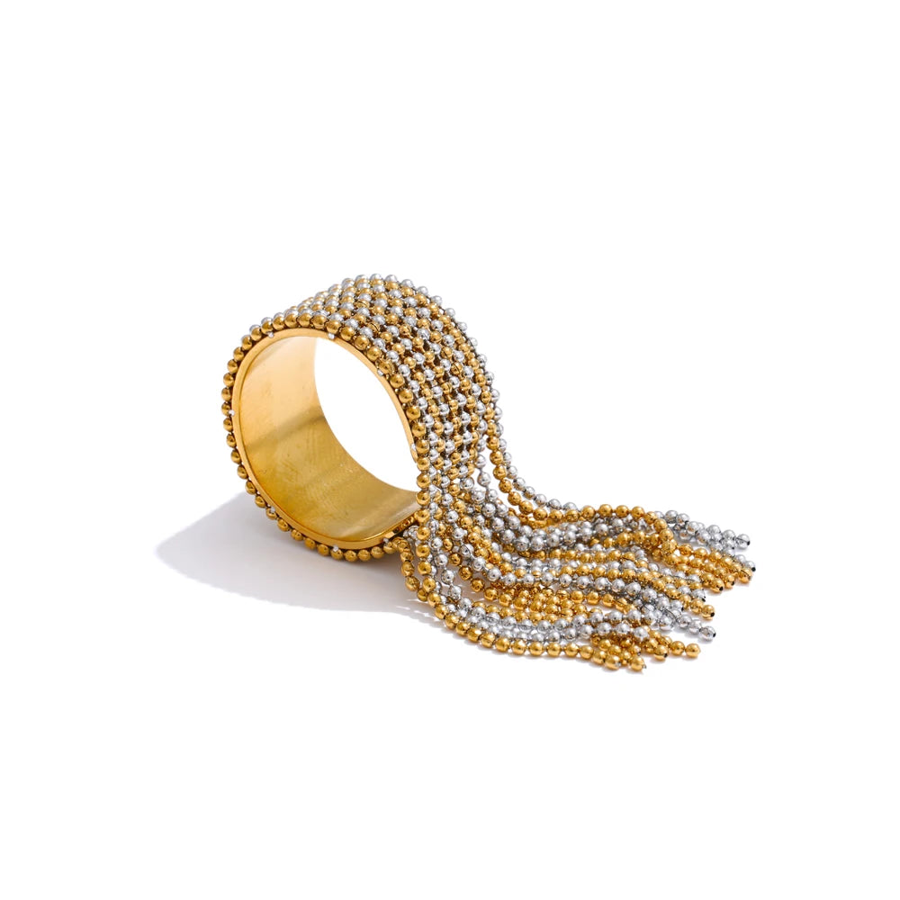 Two-tone gold and silver beaded chain tassel ring