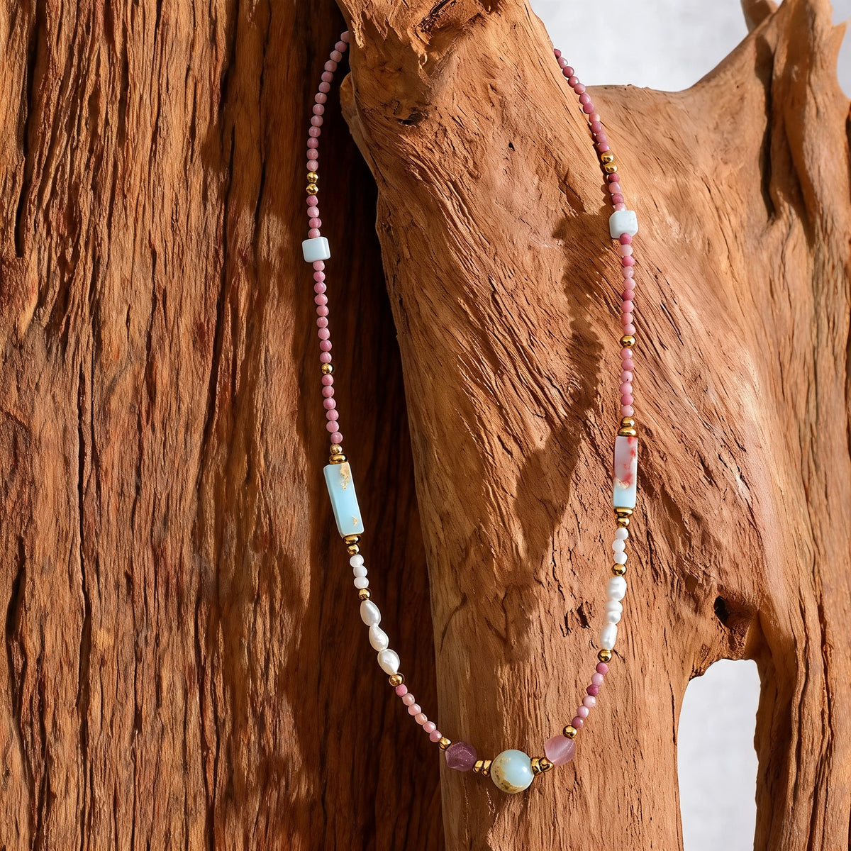 Willow Stone Pearl Necklace full length on driftwood