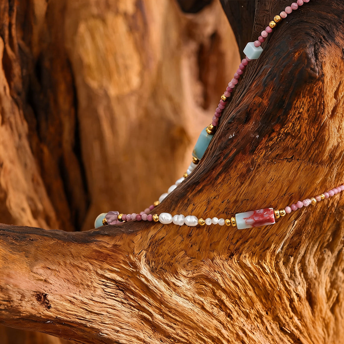 Willow Stone Pearl Necklace close up of pearls and rhodochrosite beads